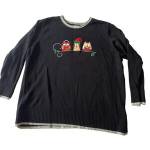 CJ Banks Sweater 3X Plus Black Holiday Owls Christmas Cotton Knit Ugly Buttons